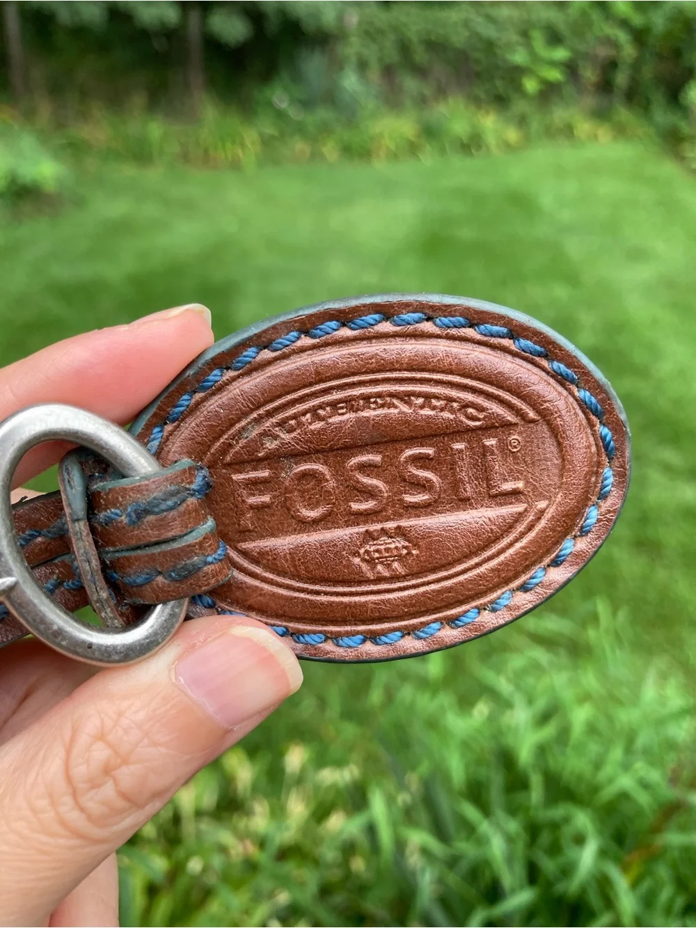 Vintage Fossil Leather Bag Charm Key Fob Brown Blue Stitching Skeleton Key